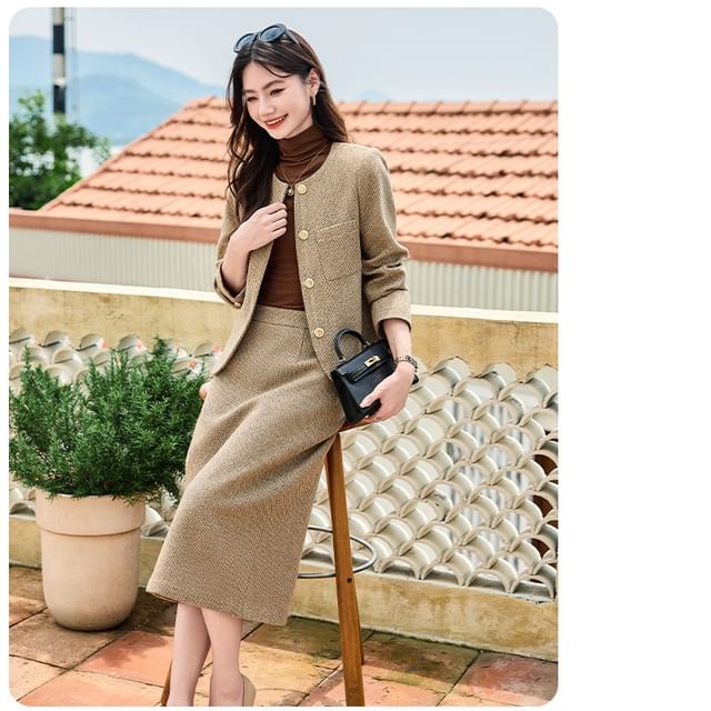 Button-Up Tweed Jacket / High Waist Maxi Skirt / Set