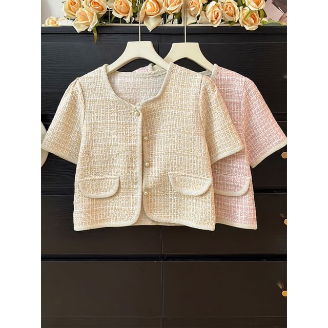 Short-Sleeve Round-Neck Tweed Jacket in 6 Colors