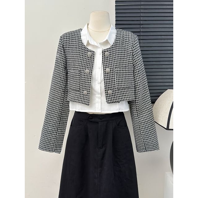 Set: Square-Neck Tweed Jacket + Sleeveless Crop Shirt