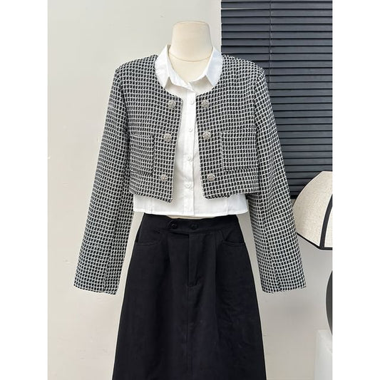 Set: Square-Neck Tweed Jacket + Sleeveless Crop Shirt