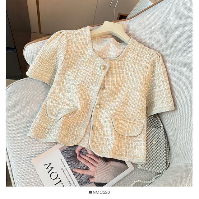 Short-Sleeve Round-Neck Tweed Jacket in 6 Colors