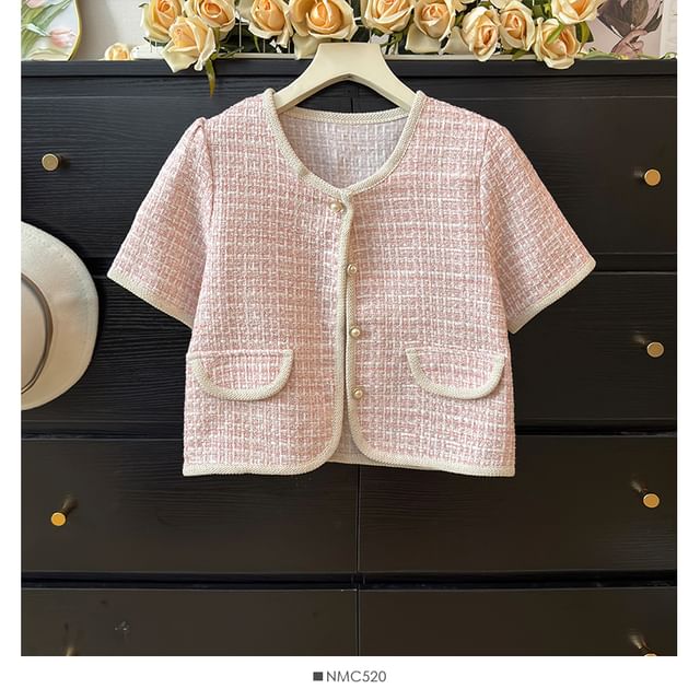 Short-Sleeve Round-Neck Tweed Jacket in 6 Colors