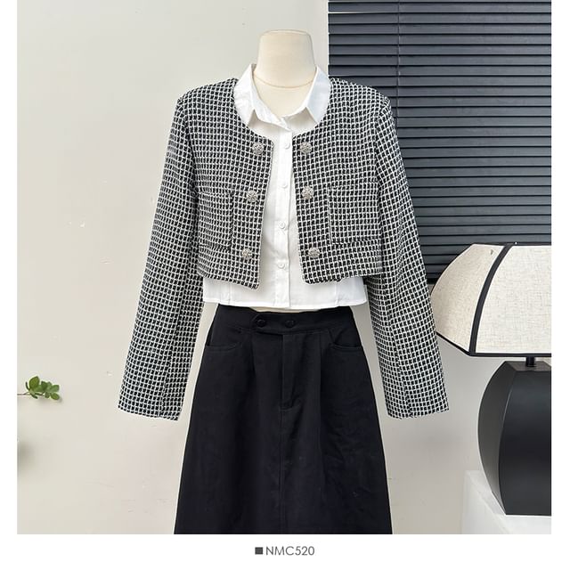 Set: Square-Neck Tweed Jacket + Sleeveless Crop Shirt