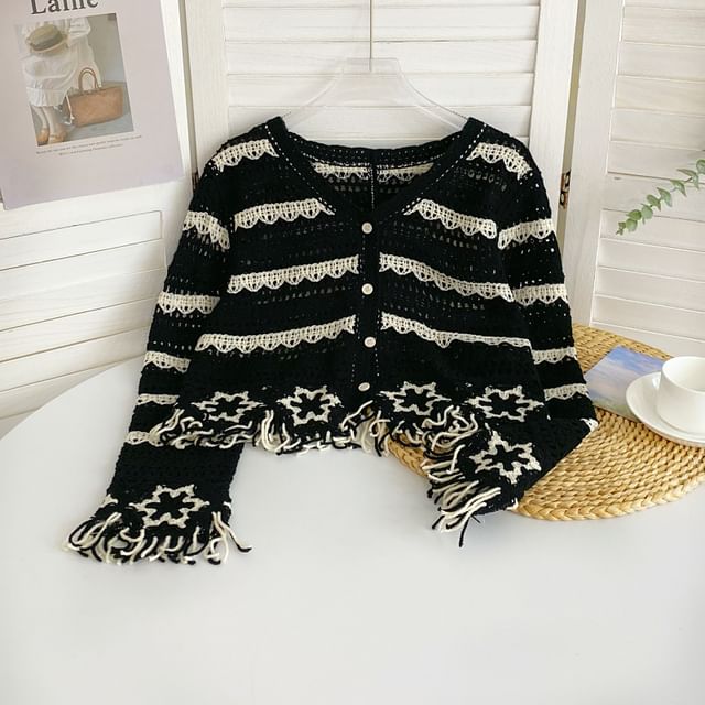 Fringed V-Neck Striped Knit Cardigan