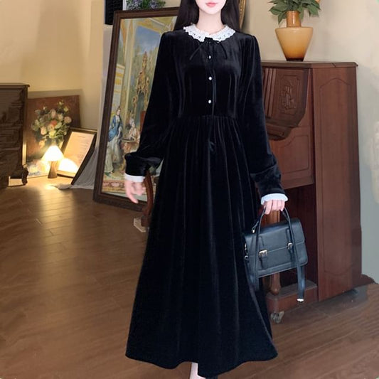 Long Sleeve Peter Pan Collar Lace Trim Velvet Midi A-Line Dress