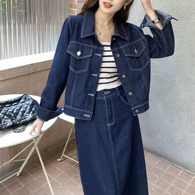 Set: Collared Plain Denim Button Jacket + Mid Rise Denim Midi A-Line Skirt