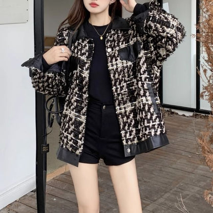 Collared Houndstooth Tweed Button Down Jacket