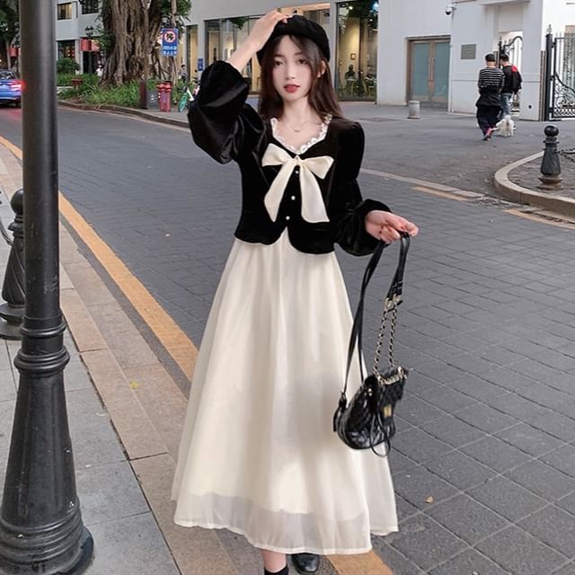 Long Sleeve V-Neck Bowknot Mock Two Piece Midi A-Line Dress