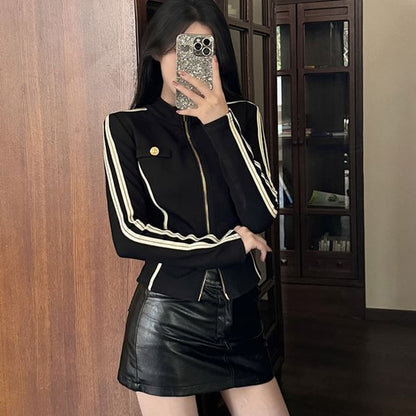 Stand Collar Striped Zip Jacket / Mid Rise Faux Leather Mini Pencil Skirt