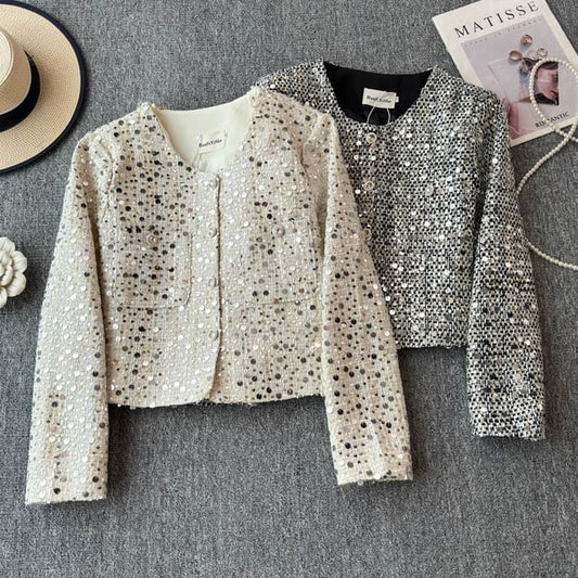 Round Neck Sequin Tweed Cropped Jacket