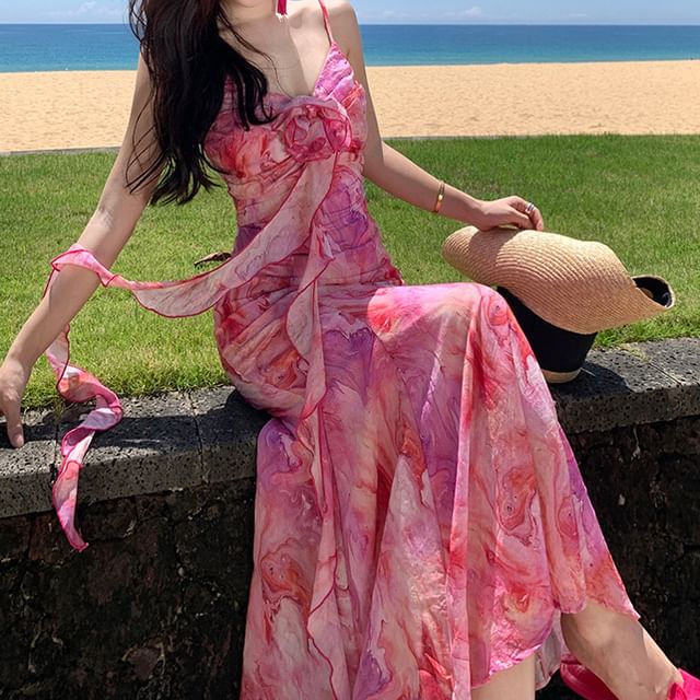 Midi Trim Tie Strap Sundress Accent Ruffle Dye Flower Spaghetti A-Line