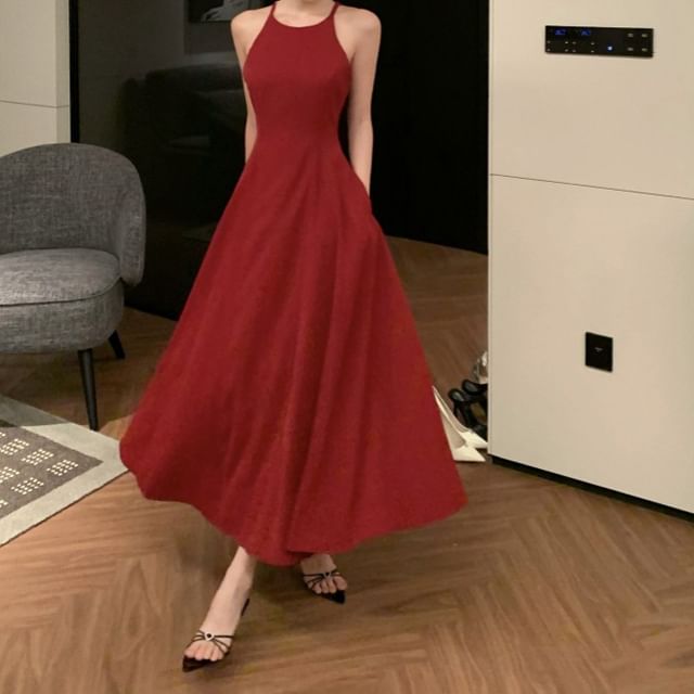 Dress Spaghetti A-Line Plain Strap Midi