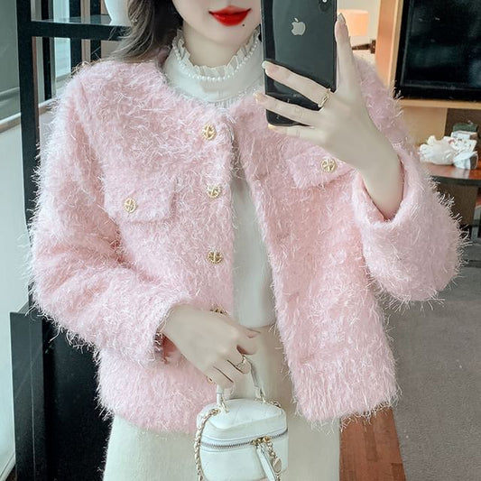 Crew Neck Plain Button-Up Tweed Jacket