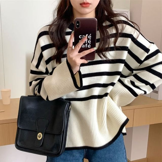 Oversized Side-Slit Striped Knit Top