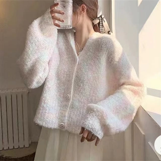 Oversized Fluffy V-Neck Hooded Cardigan