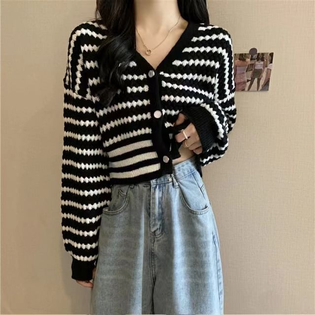 Striped V-Neck Cropped Knit Cardigan