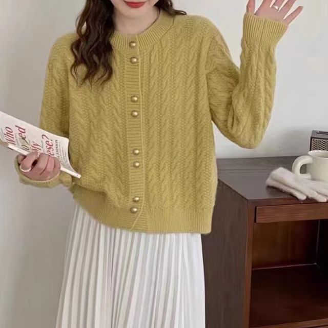 Cable Knit Round Neck Solid Cardigan