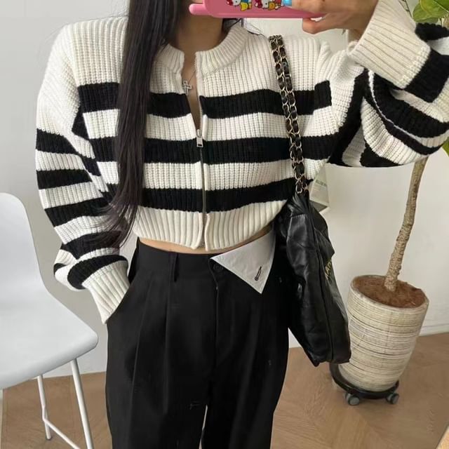 Striped Round Neck Cropped Zip Cardigan