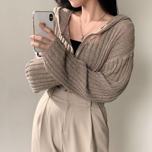 Hooded Cropped Zip-Front Cardigan