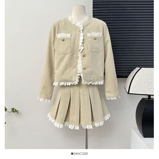 Set: Lace-Trim Tweed Jacket + Pleated Mini A-Line Skirt