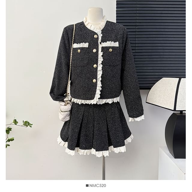 Set: Lace-Trim Tweed Jacket + Pleated Mini A-Line Skirt