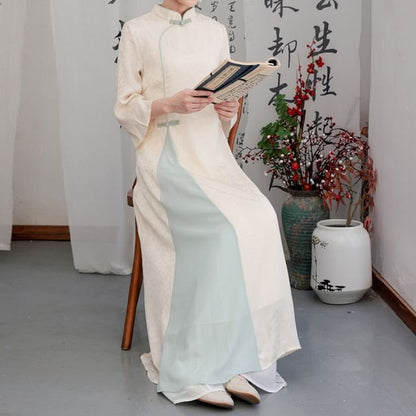 Flared-Sleeve Two Tone Maxi Hanfu Dress / Mid Rise Plain Wide Leg Pants