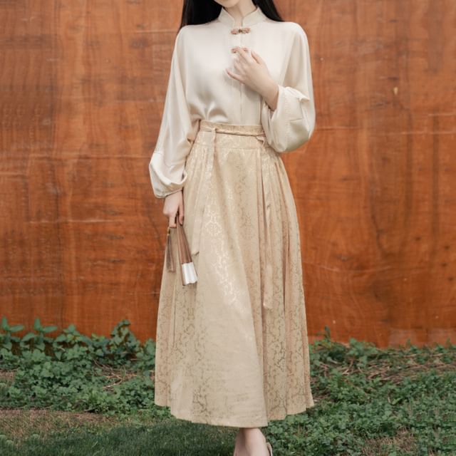 Puff-Sleeve Mock Neck Plain Blouse / High Rise Patterned Maxi A-Line Skirt / Set