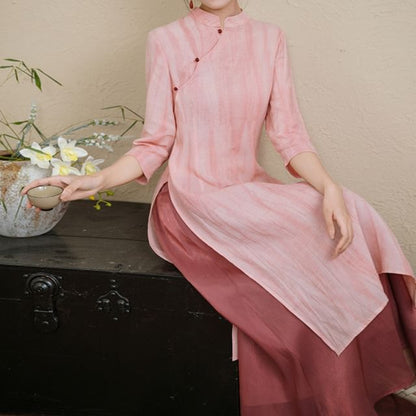 Elbow-Sleeve Striped Side-Slit Midi Hanfu Dress / Mid Rise Plain Maxi A-Line Skirt / Set