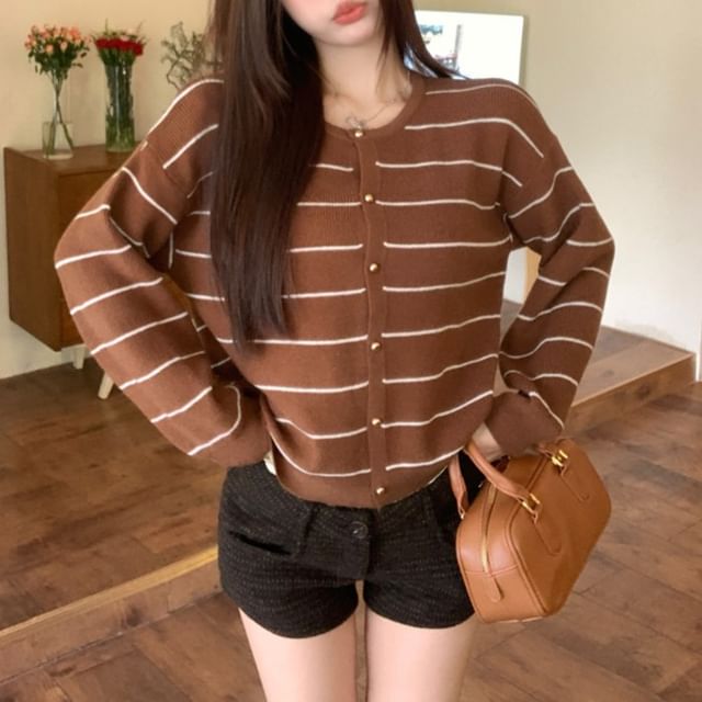 Crew Neck Striped Knit Cardigan