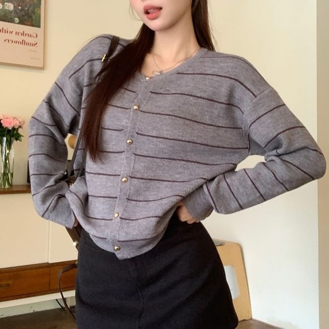 Crew Neck Striped Knit Cardigan