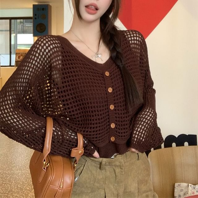 Set: V-Cut Simple Tank Top + Open Knit Cropped Cardigan