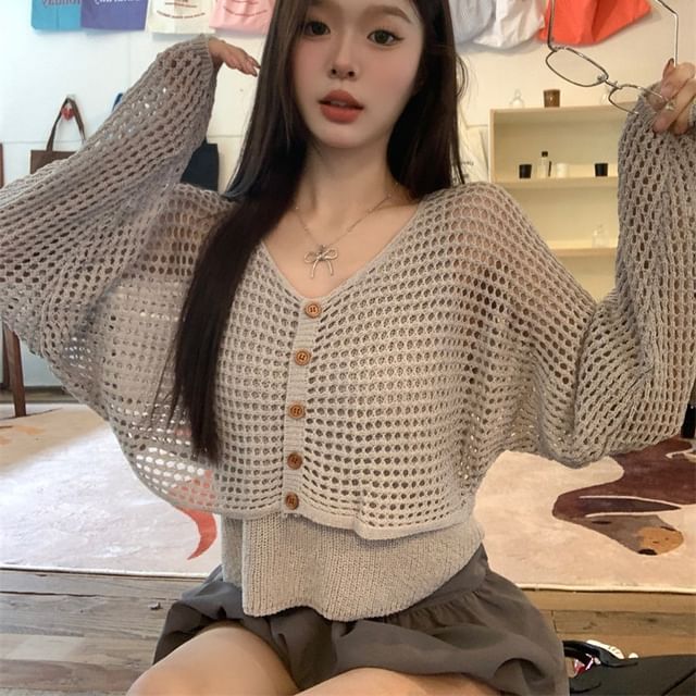 Set: V-Cut Simple Tank Top + Open Knit Cropped Cardigan