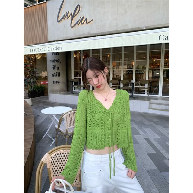 Perforated V-Neck Knit Crop Camisole and Tie Front Cardigan