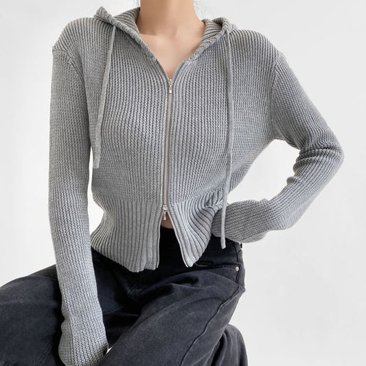Long Sleeve Solid Ribbed Zip-Up Knit Jacket