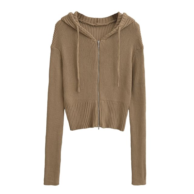 Long Sleeve Solid Ribbed Zip-Up Knit Jacket