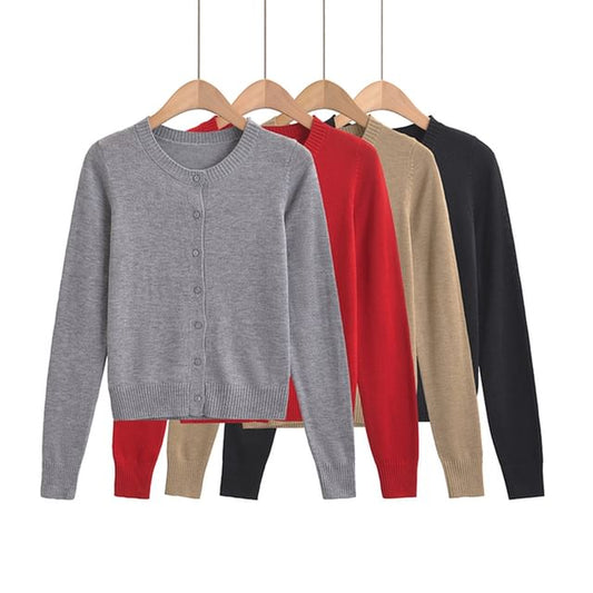 Classic Button-Front Crewneck Knit Cardigan