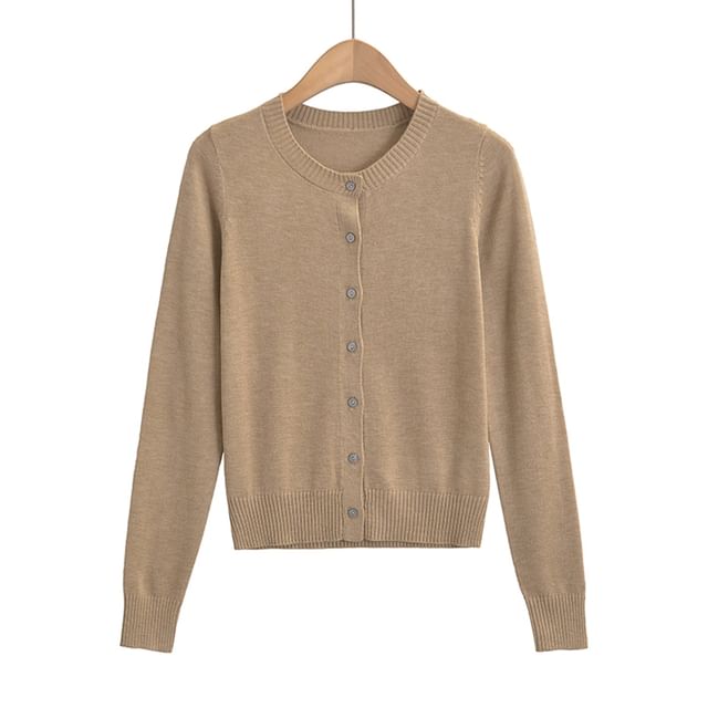 Classic Button-Front Crewneck Knit Cardigan