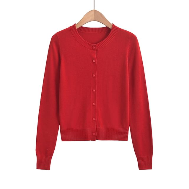 Classic Button-Front Crewneck Knit Cardigan