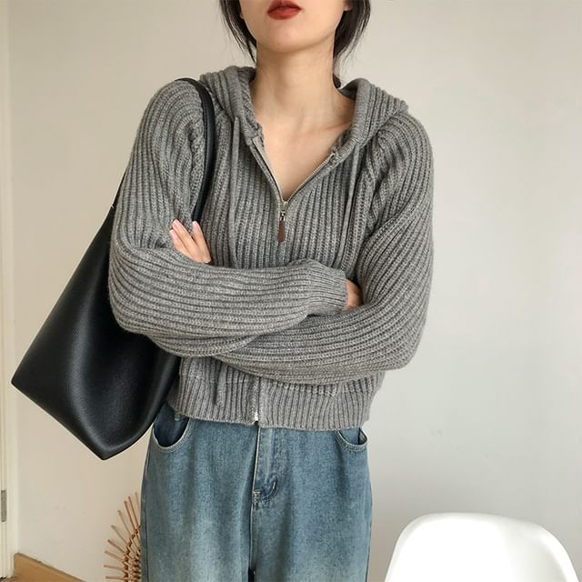 Hooded Ribbed Zip-Front Cardigan