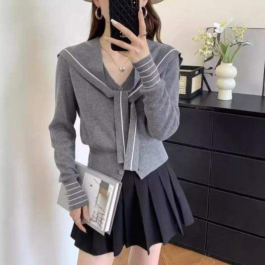 Matching V-Neck Striped Cardigan and Shawl Set