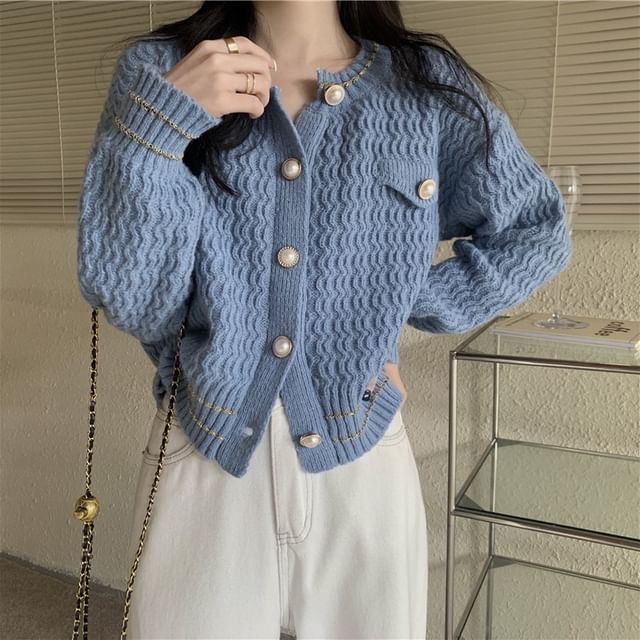 Faux Pearl Button Round Neck Striped Cardigan