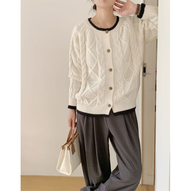 Cable Knit Round Neck Contrast Trim Cardigan
