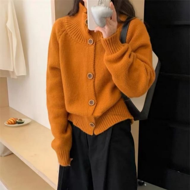 Stand Collar Solid Knit Cardigan