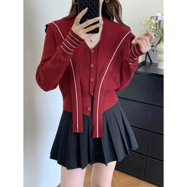 Matching V-Neck Striped Cardigan and Shawl Set