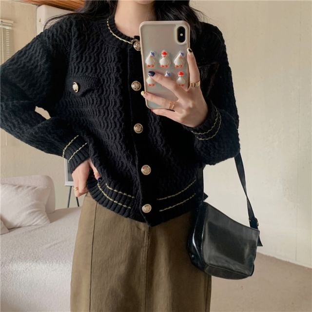 Faux Pearl Button Round Neck Striped Cardigan