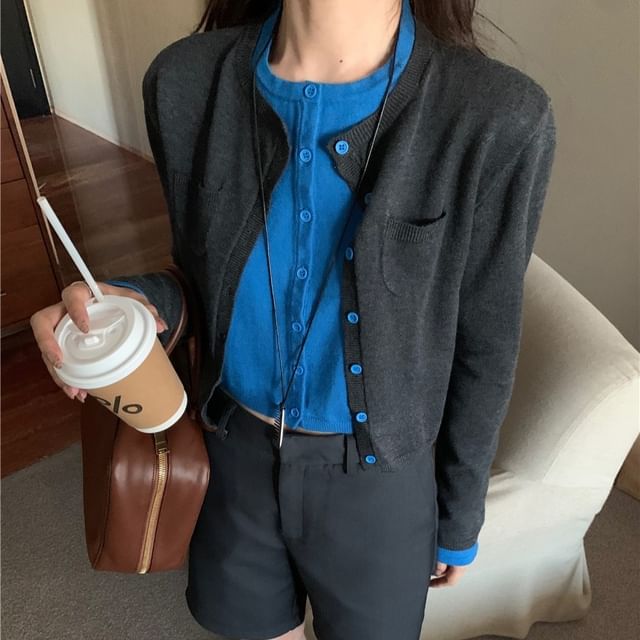 Two-Tone Pocket Detail Mock Layered Cardigan