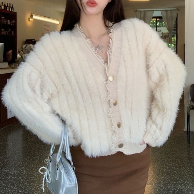 Fringed Trim V-Neck Ribbed Cardigan