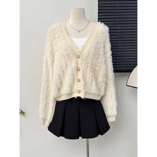 Oversized Fluffy V-Neck Knit Cardigan