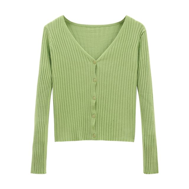 V-Neck Solid Ribbed Knit Jacket