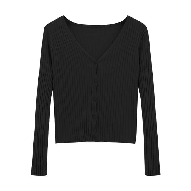 V-Neck Solid Ribbed Knit Jacket